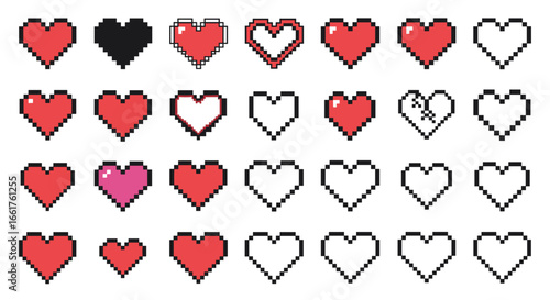Collection of pixel art hearts in various states of fullness and color