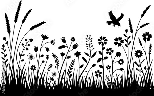 a detailed black silhouette illustration of a wildflower meadow in full bloom 