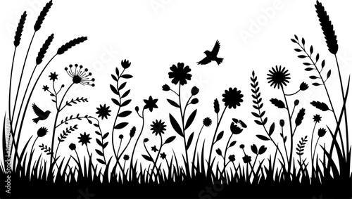 a detailed black silhouette illustration of a wildflower meadow in full bloom 