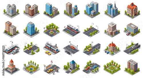 Isometric city landscape featuring buildings roads and transportation means