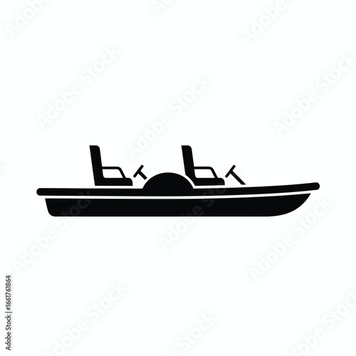 Simple black silhouette of a small motorboat with two seats.