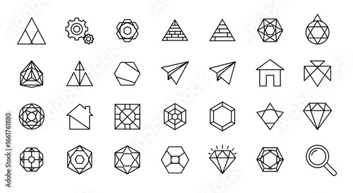Collection of various geometric shapes and line art icons in black outline