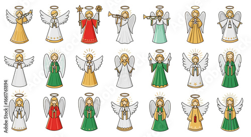 Collection of twenty one cartoon angels in various colored robes and halos