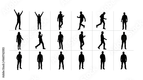 Human Silhouette Study: A grid of various human silhouettes, each capturing distinct poses and movements.