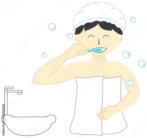 A woman is brushing her teeth with a fresh face in the bathroom