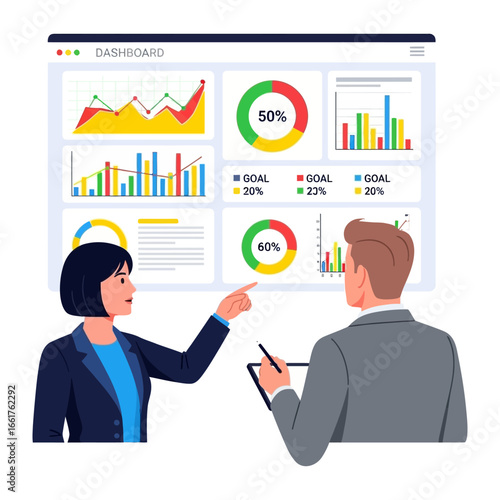 Data Insight: A strategic business team is gathered around a vibrant dashboard, deeply engaged in interpreting critical data visualizations to drive impactful decision-making.