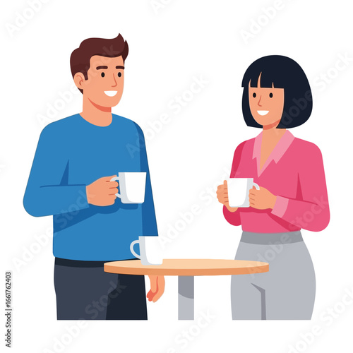 Coffee Break: A man and a woman stand near a small table, each holding a cup of coffee, the image portrays a pleasant conversation and light-hearted moment.