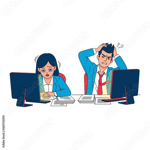 Stressed Professionals at Work: A digital illustration captures a tense office scenario where two professionals, engrossed in their work.