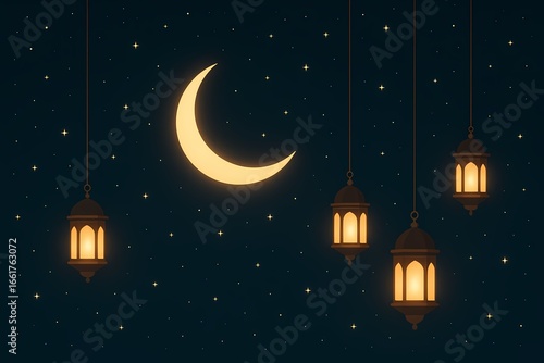 Ramadan crescent moon with glowing lanterns night sky
