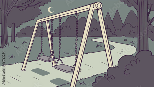 Playground at night cartoon vector illustration with swings, moon, trees and path for children