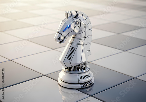 AI Robot Knight chess piece, futuristic robotic chess knight for business strategy game. Artificial intelligence technology, futuristic AI robot knight concept, modern chess knight piece illustration.