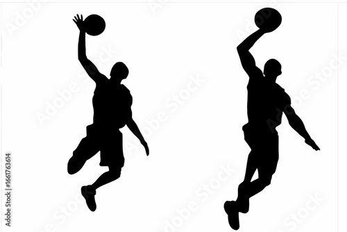 Two basketball players jumping to dunk ball in mid air motion silhouettes