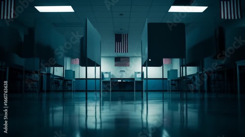 Cinematic Slow Dolly Through an Empty Atmospheric American Polling Station at Night.