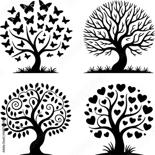 A set of four artistic black silhouette trees, each with a unique thematic canopy