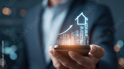Real estate investment visualized on a smartphone.  A person holds a phone displaying a graphic of a growing house, symbolizing real estate market growth.  Technology in real estate