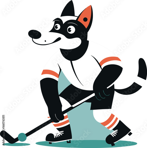 Cartoon Dog Playing Hockey with Stick and Skates on Blue Background