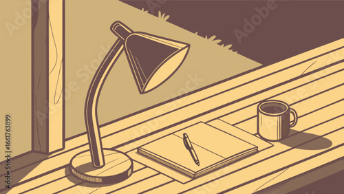 Illustration of desk lamp, notebook, pen, and coffee mug on wooden table for study and work
