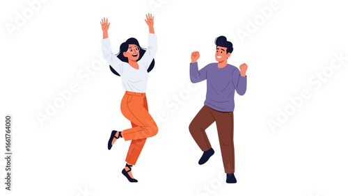 Dynamic Duo: A vibrant illustration portrays a joyful man and woman dancing and celebrating, hands raised in jubilant celebration. The bright colours and energetic pose evoke feelings of excitement.