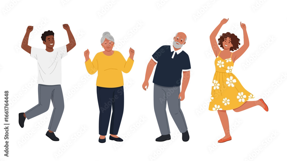 Fototapeta premium Joyful Gathering: A vibrant collection of people dance with unbridled joy, representing happiness and celebration through dynamic movement, vibrant apparel, and a harmonious group display.