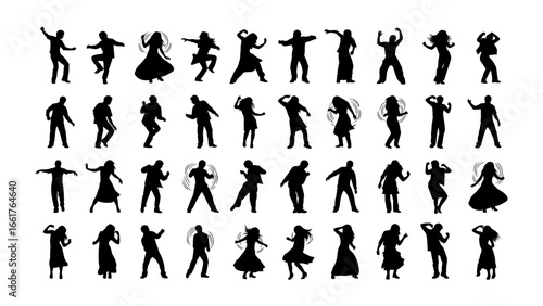 Dancing Silhouettes: An array of silhouette dancers move to their own music in black and white, each unique, symbolizing unity and freedom of self-expression.