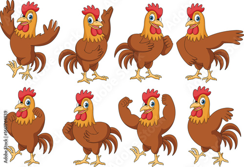 Cartoon rooster character set with funny poses and expressions, farm animal mascot illustration for kids, comics, animation, education, stickers, and creative design projects