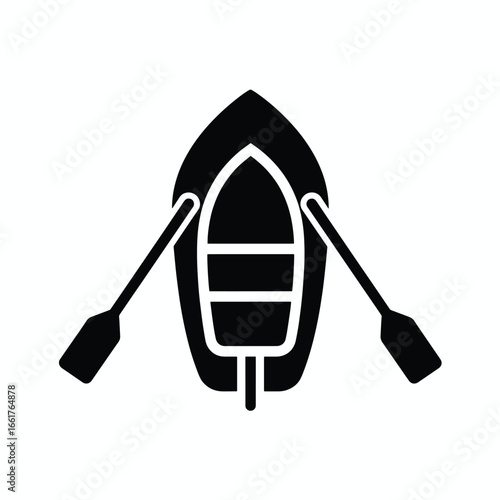 Silhouette of a rowboat with oars, viewed from above.
