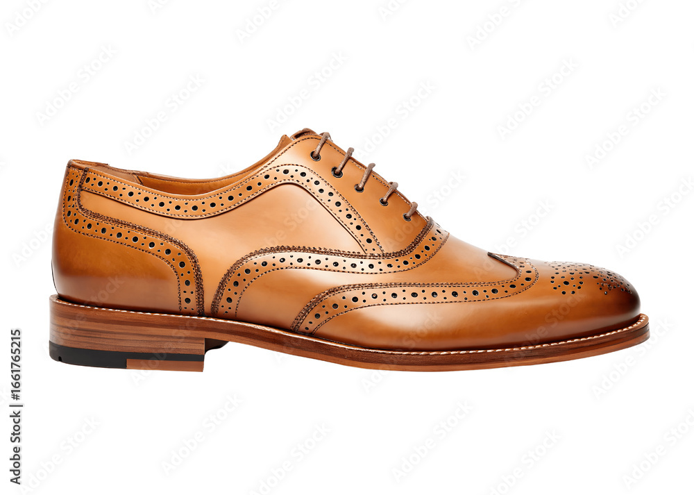 A stylish brown leather brogue shoe isolated on transparent background