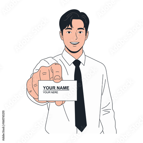 Business introduction: A clean and professional illustration of a man presenting his business card, exuding an approachable and welcoming demeanor. Focus on interaction and connection.