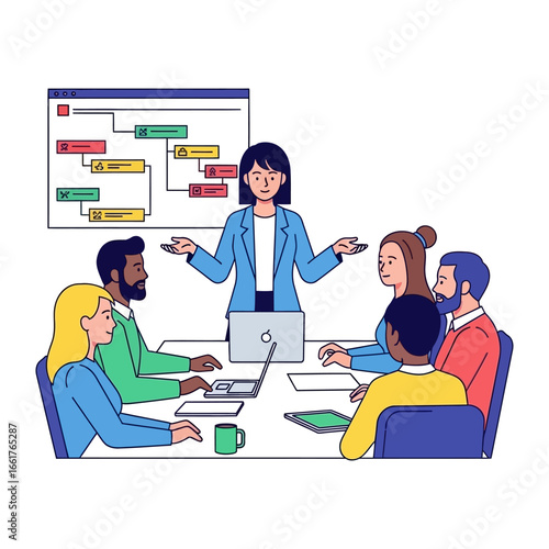 Strategic Collaboration in the Meeting Room: A dynamic illustration depicts a diverse group of professionals engaged in a collaborative business meeting. A central figure, poised and articulate.