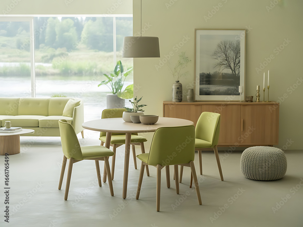 Fototapeta premium A bright, modern living and dining room with a pale green color scheme and large windows.