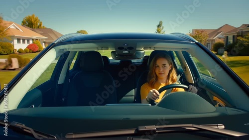 Confident young woman driving a modern car through a peaceful suburban neighborhood, enjoying the freedom and independence of the open road