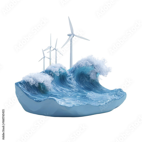 Renewable energy concept wind turbines generating electricity from ocean waves, symbolizing sustainable power and environmental technology isolated on transparent background