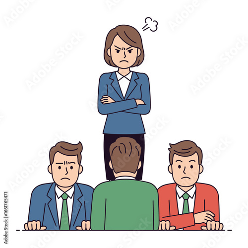 An Angry Boss and Subordinates: The cartoon depicts a stern business woman with a furrowed brow, standing over three disappointed and unhappy colleagues who seem to be at odds.