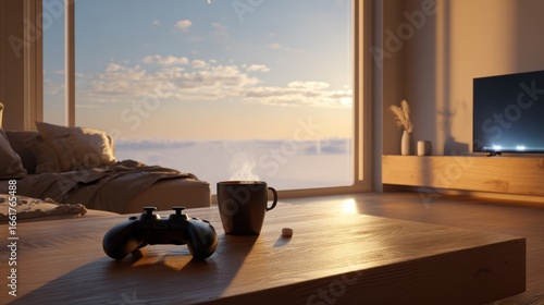 Cozy living room with a view of a sunrise, perfect for gaming and relaxation.