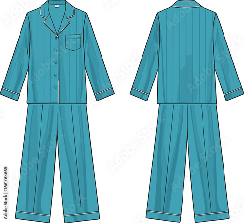 Blue pajamas set illustration, men’s sleepwear design, front and back views, long sleeve top, pajama pants, casual loungewear, buttoned shirt, comfortable nightwear, fashion technical drawing
