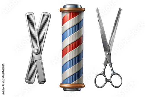 Barber pole hair comb straight razor and scissor barber shop hair salon concept 3d rendering isolated on transparent background