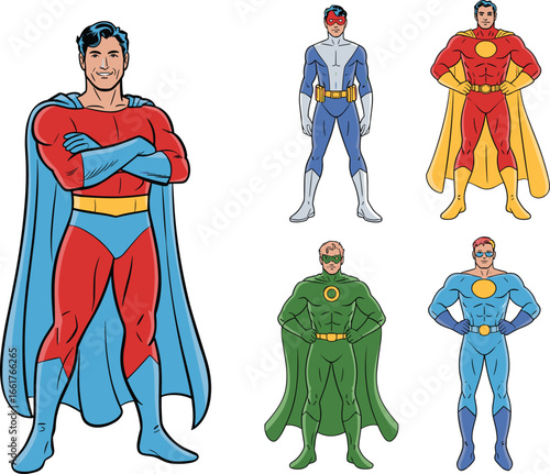 Collection of cartoon superheroes in colorful costumes with capes, powerful male hero characters in dynamic poses for comic book, fantasy, and children’s design illustrations