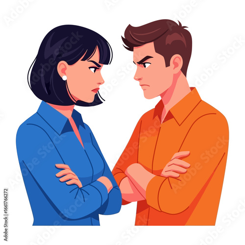 Animated Discord: An illustration capturing a heated moment between a man and woman, their expressions locked in a struggle, the air thick with tension, ready for confrontation.