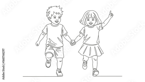 Joyful Childhood Friends: Two children, hand-in-hand, embark on an adventure, their youthful spirits and carefree smiles radiating pure friendship.