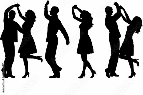 Silhouettes of couples dancing together in various poses on white background