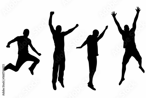 Four black silhouettes of people jumping in the air with arms raised high