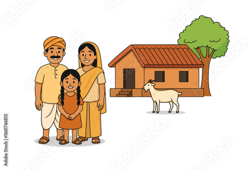 Vector illustration of a happy rural Indian family standing outside a traditional house with a goat and tree, depicting village life.