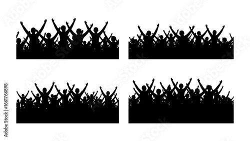 Silhouette of A Cheering Crowd: A silhouette of a dynamic crowd of people celebrating, arms raised in jubilant solidarity. Capture the energy and excitement of collective celebration.