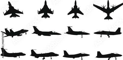 Military fighter jet silhouette, warplane vector illustration, combat aircraft design, aviation icon, stealth jet graphic, supersonic airplane, air force plane, bomber