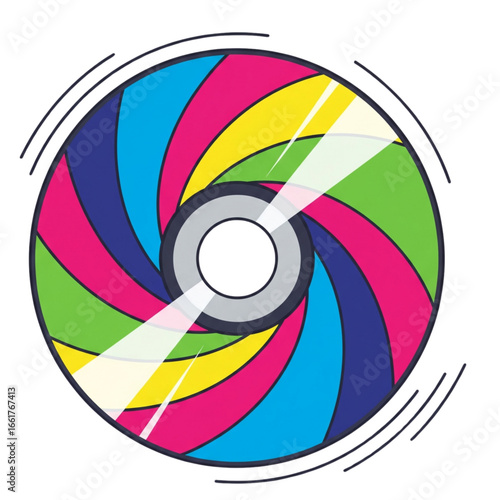 Colorful compact disc spinning with vibrant rainbow hues on white surface, representing music and data storage with a retro feel.