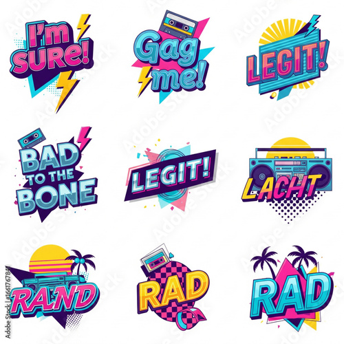 Retro themed stickers displaying slang phrases with vibrant colors and bold typography evoke a nostalgic and playful atmosphere.
