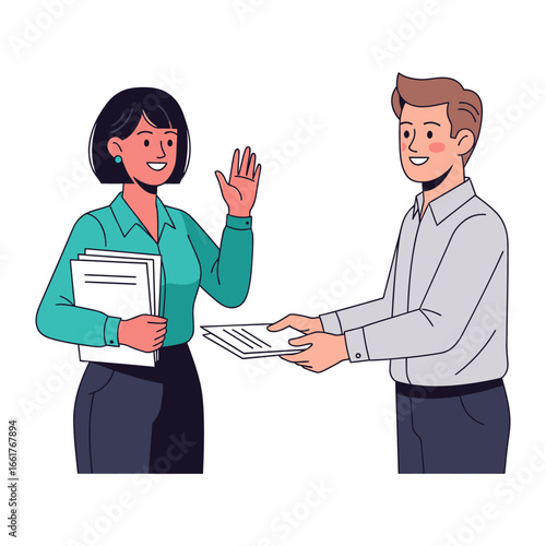 Greeting Exchange: A depiction of a professional environment showcasing two figures sharing documents, the gesture of greeting adds a layer of engagement and cooperation.