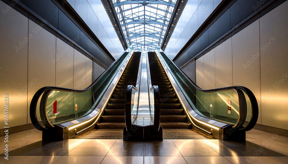 Obraz premium Empty Escalator Ascending to Glass Ceiling in Modern Building