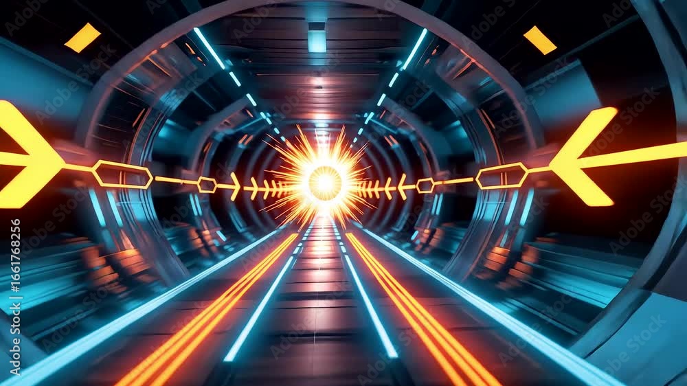 Sci fi futuristic tunnel with glowing arrows leading toward bright light in neon illuminated digital perspective