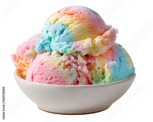 Rainbow sherbet ice cream cup with colorful scoops in white ceramic bowl, creamy texture, sweet dessert, joyful and playful treat for kids and summer parties